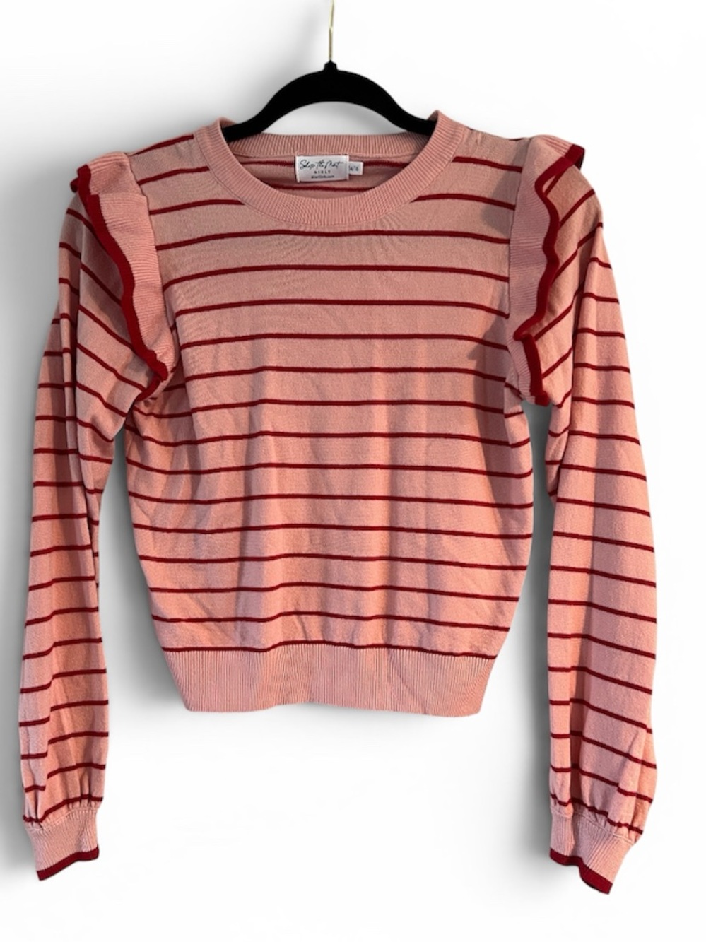 Striped Pink Ruffle Shoulder Sweater